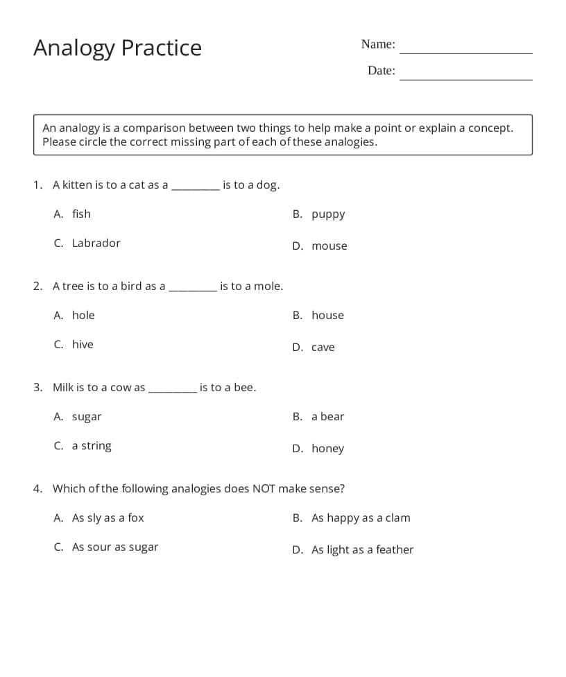 Analogies Worksheet Picture