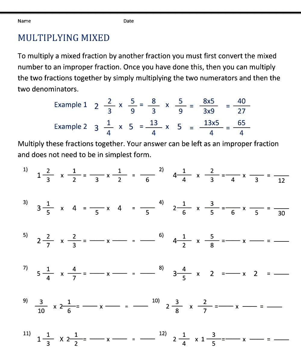 Basic Mixed Number Multiplication Worksheet