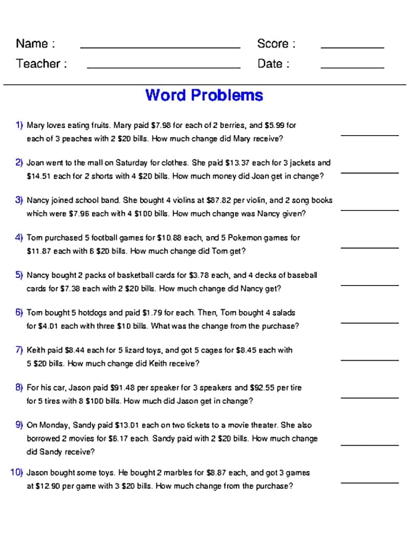 Changes in Mean Word Problems Worksheet For Free