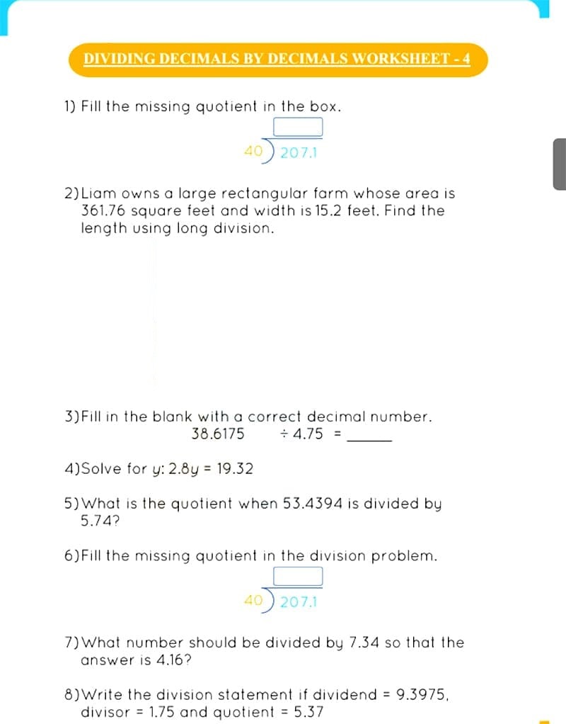 Dividing Decimals Worksheet For Adult