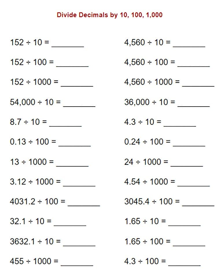 Dividing Decimals Worksheet For Girl