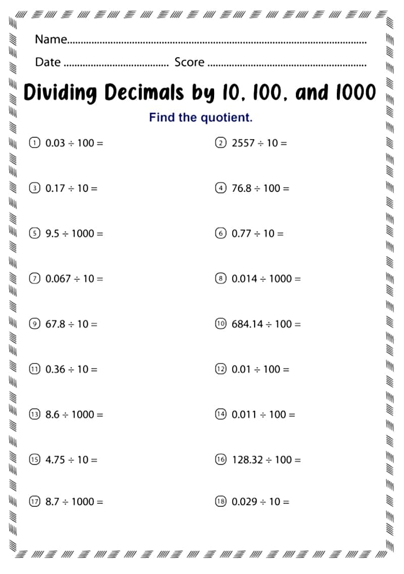 Dividing Decimals Worksheet For Kids