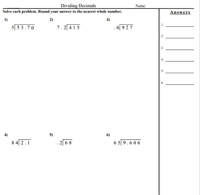 Dividing Decimals Worksheet Free Picture