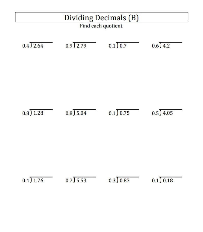 Dividing Decimals Worksheet Image