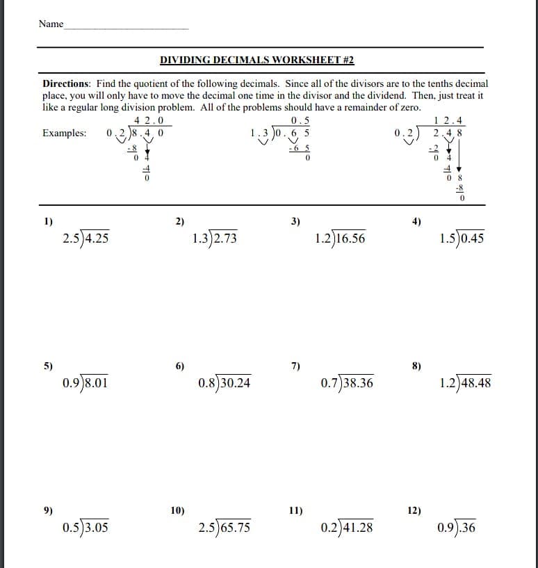 Dividing Decimals Worksheet Photos