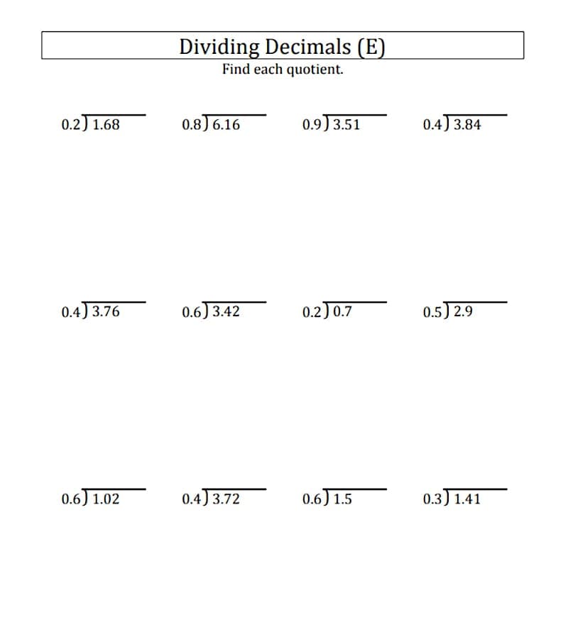 Dividing Decimals Worksheet Picture