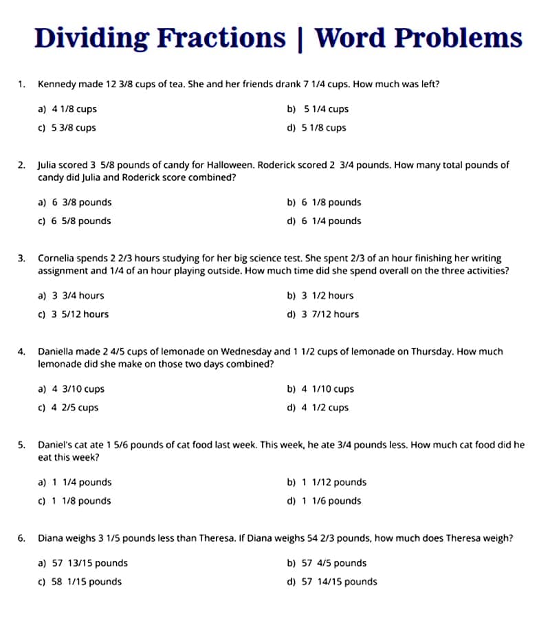 Dividing Fractions Word Problems Free Download