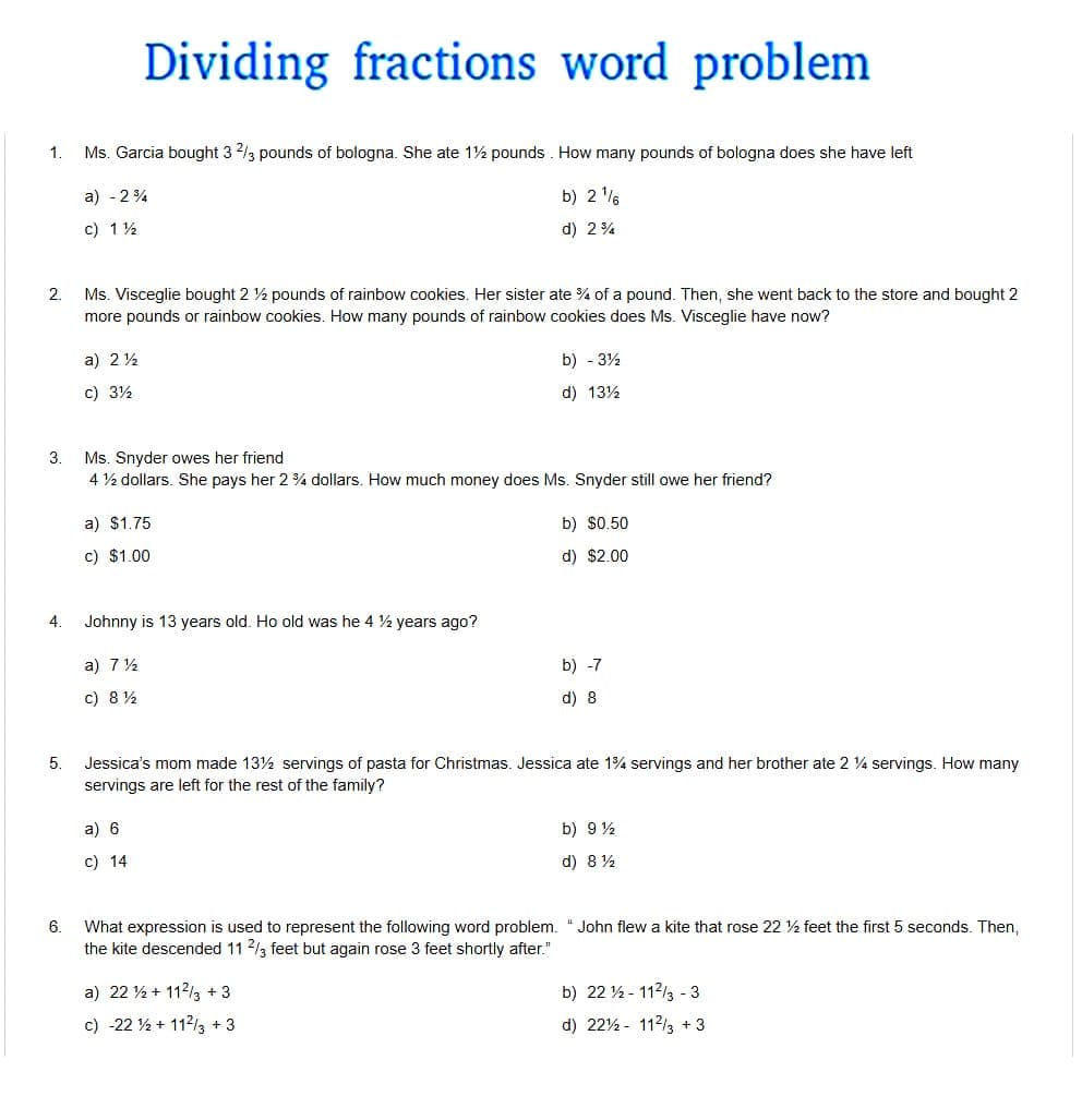 Dividing Fractions Word Problems Free Photo