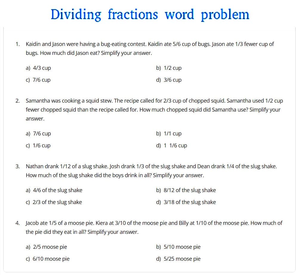 Dividing Fractions Word Problems Free Photos