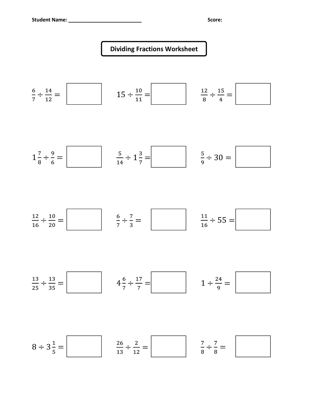 Dividing Fractions Worksheet Free Photo