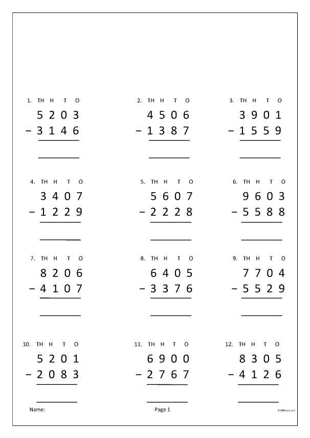 Download 4 Digit Subtraction Worksheet Free