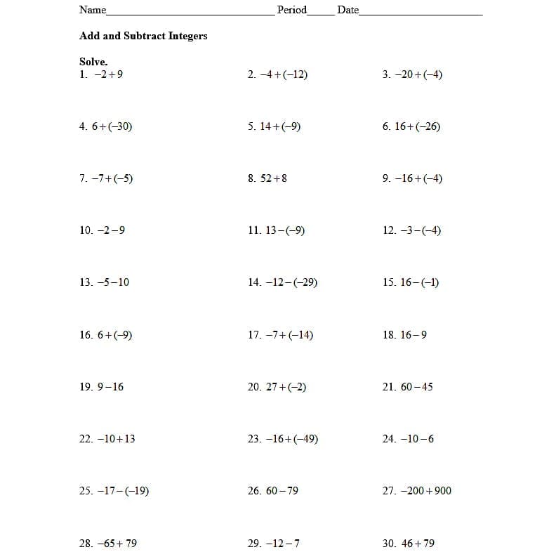 Download Adding and Subtracting Integers Worksheet Free