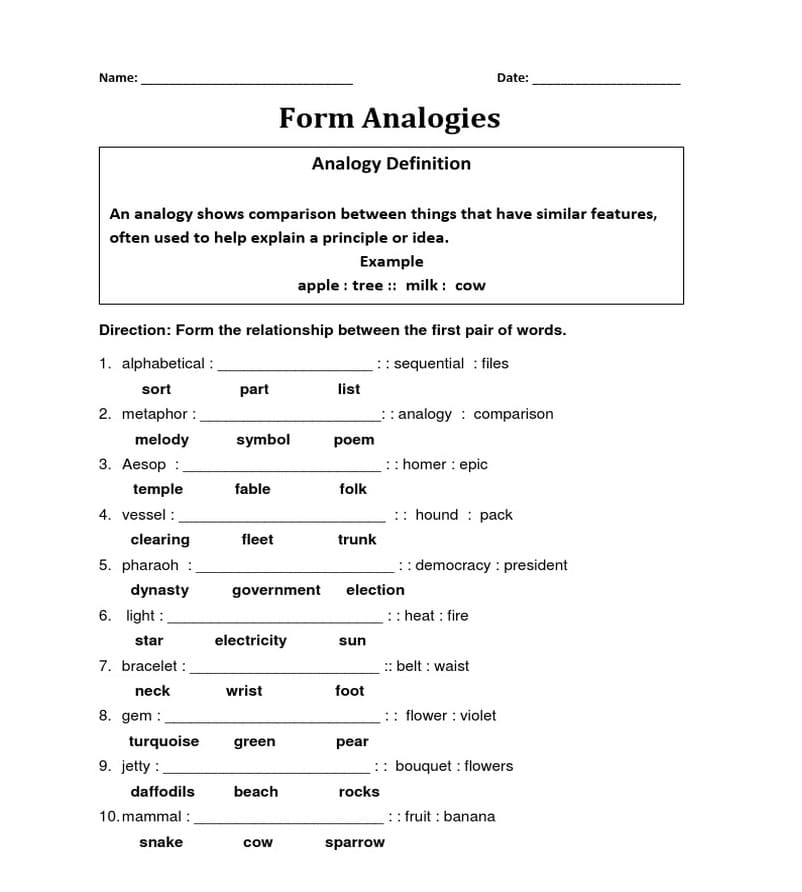 Analogies Worksheets