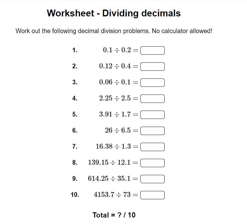 Download Dividing Decimals Worksheet Free