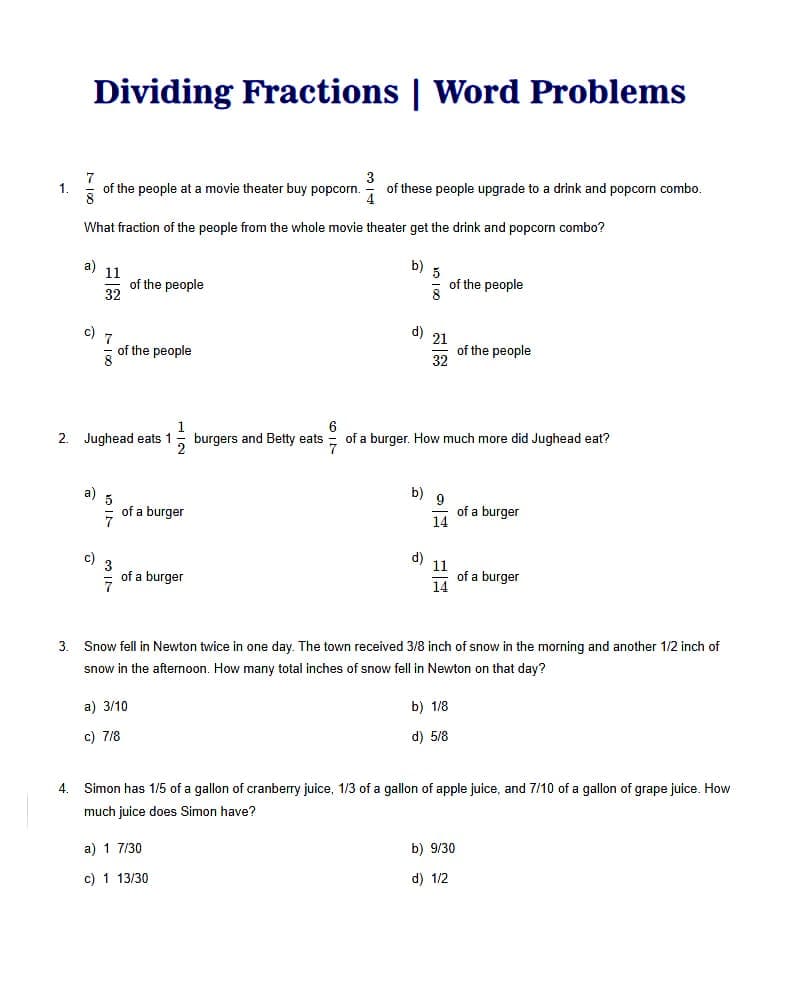 Download Dividing Fractions Word Problems Free