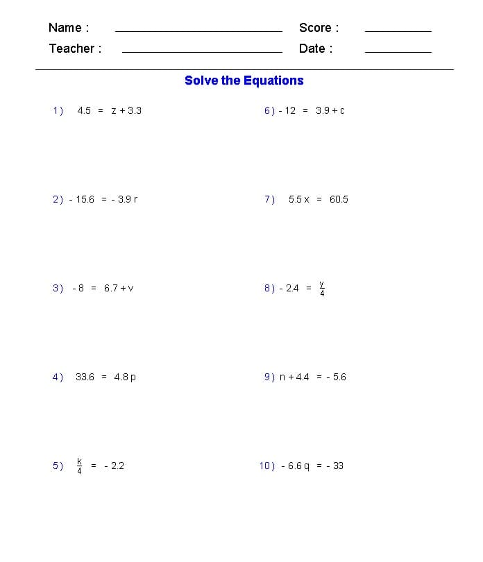 Download Equations Worksheet Free