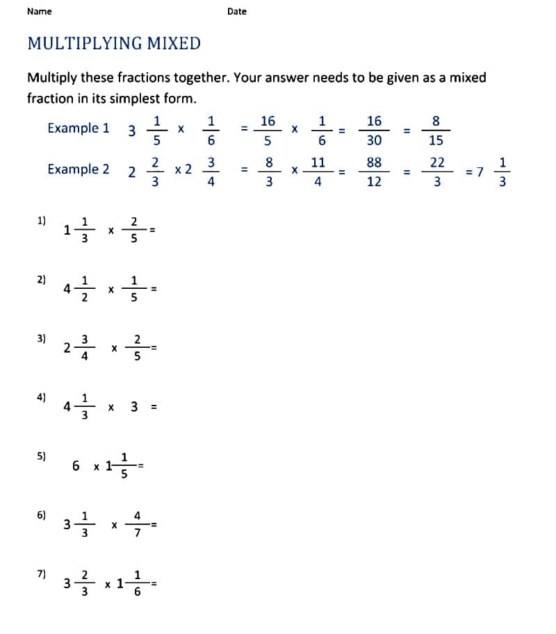 Download Mixed Number Multiplication Worksheet Free