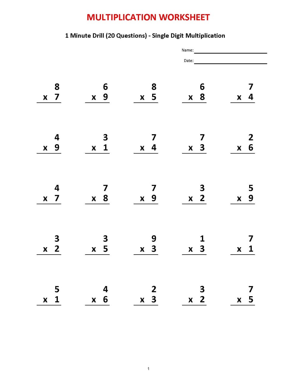 Download One Minute Multiplication Drill Free