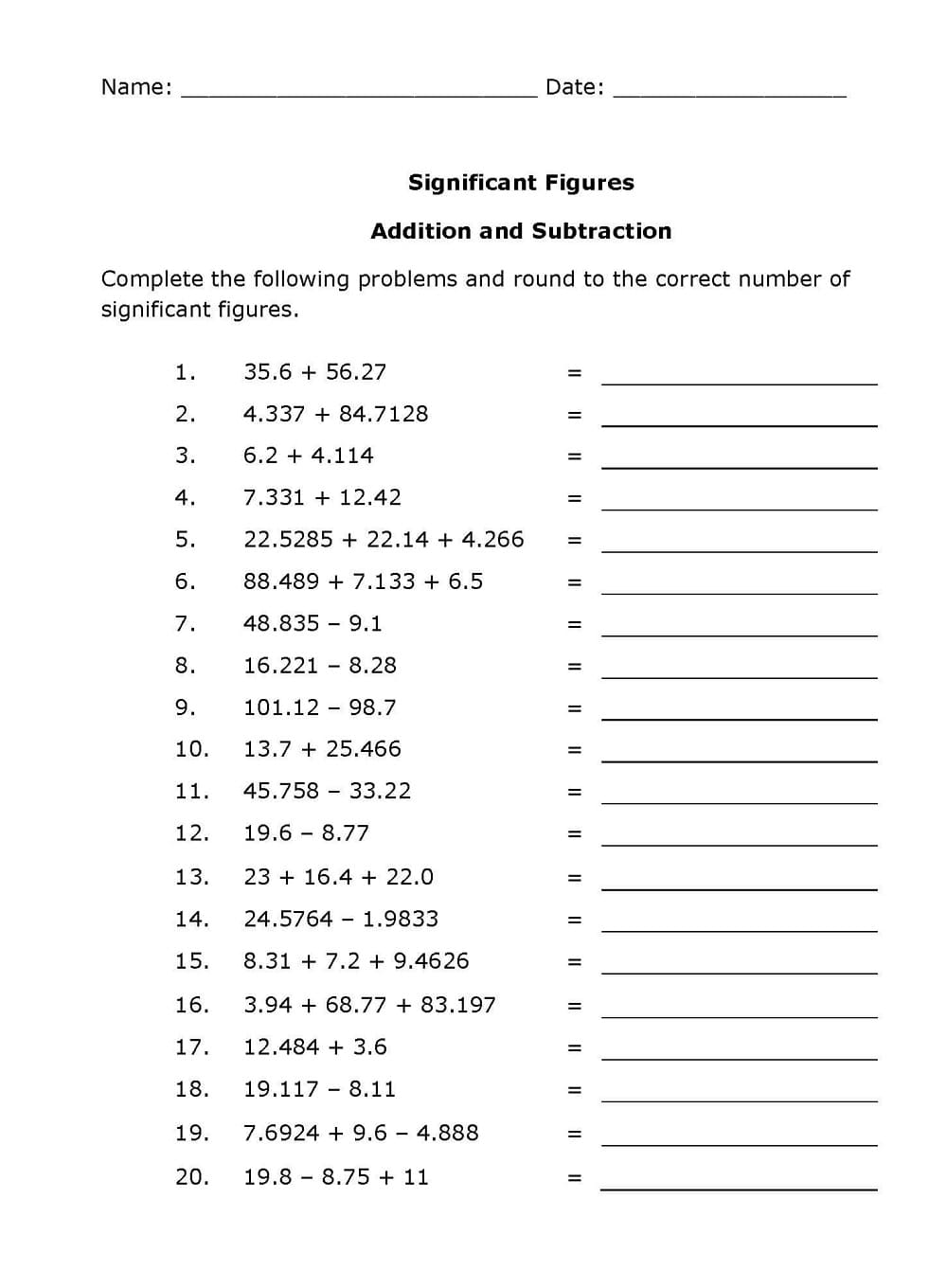 Download Significant Figures Worksheet Free