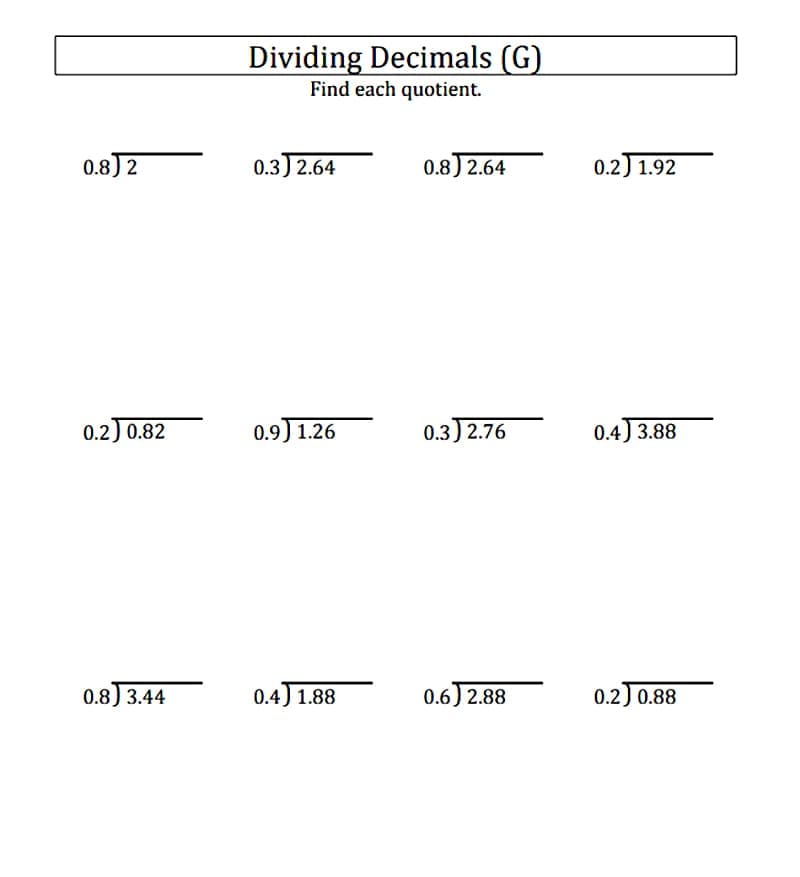 Easy Dividing Decimals Worksheet