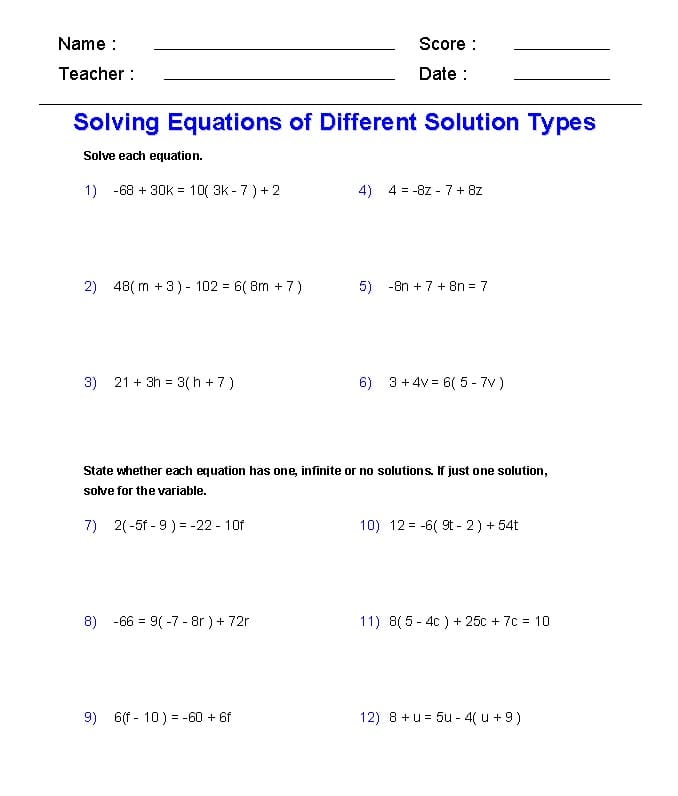 Equations Worksheet Download Free