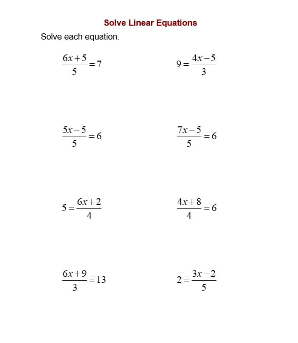 Equations Worksheet For Kids