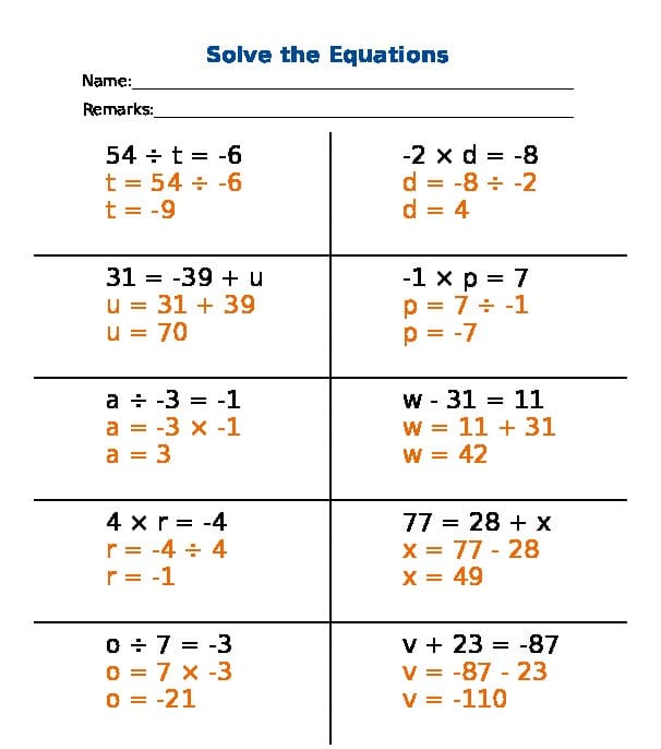 Equations Worksheets