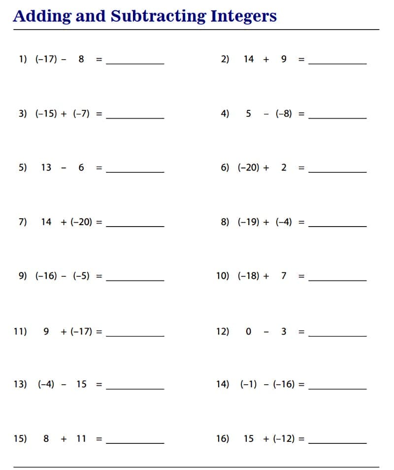 Free Adding and Subtracting Integers Worksheet