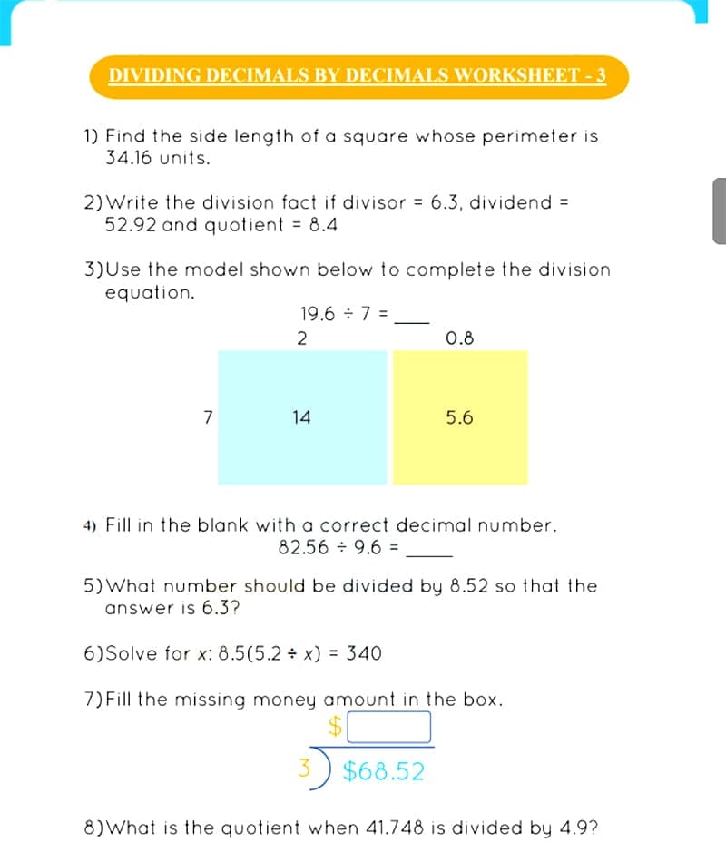 Free Dividing Decimals Worksheet