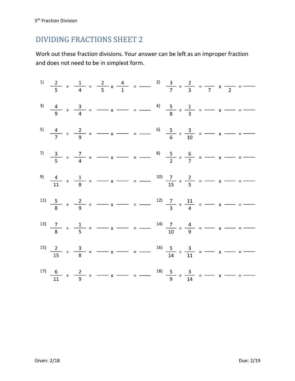 Free Dividing Fractions Worksheet Image