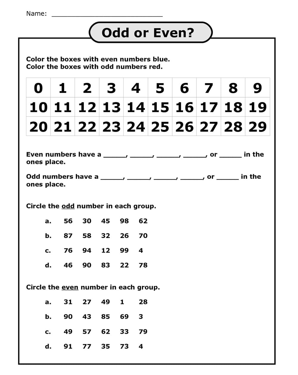 Free Even and Odd Worksheet