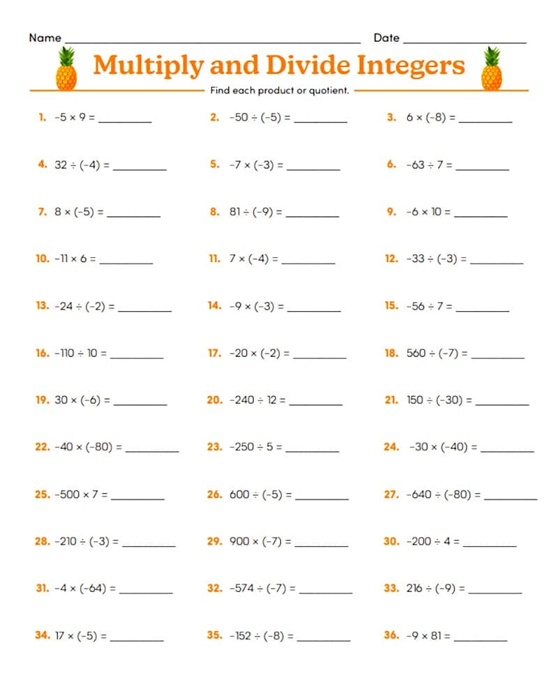 Free Multiplying and Dividing Integers Worksheet