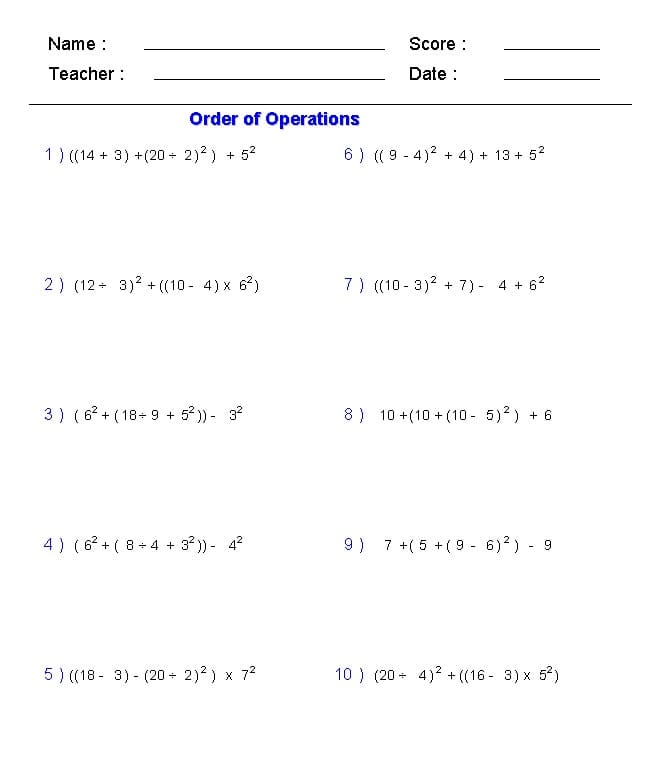 Free Order of Operations Worksheet Download