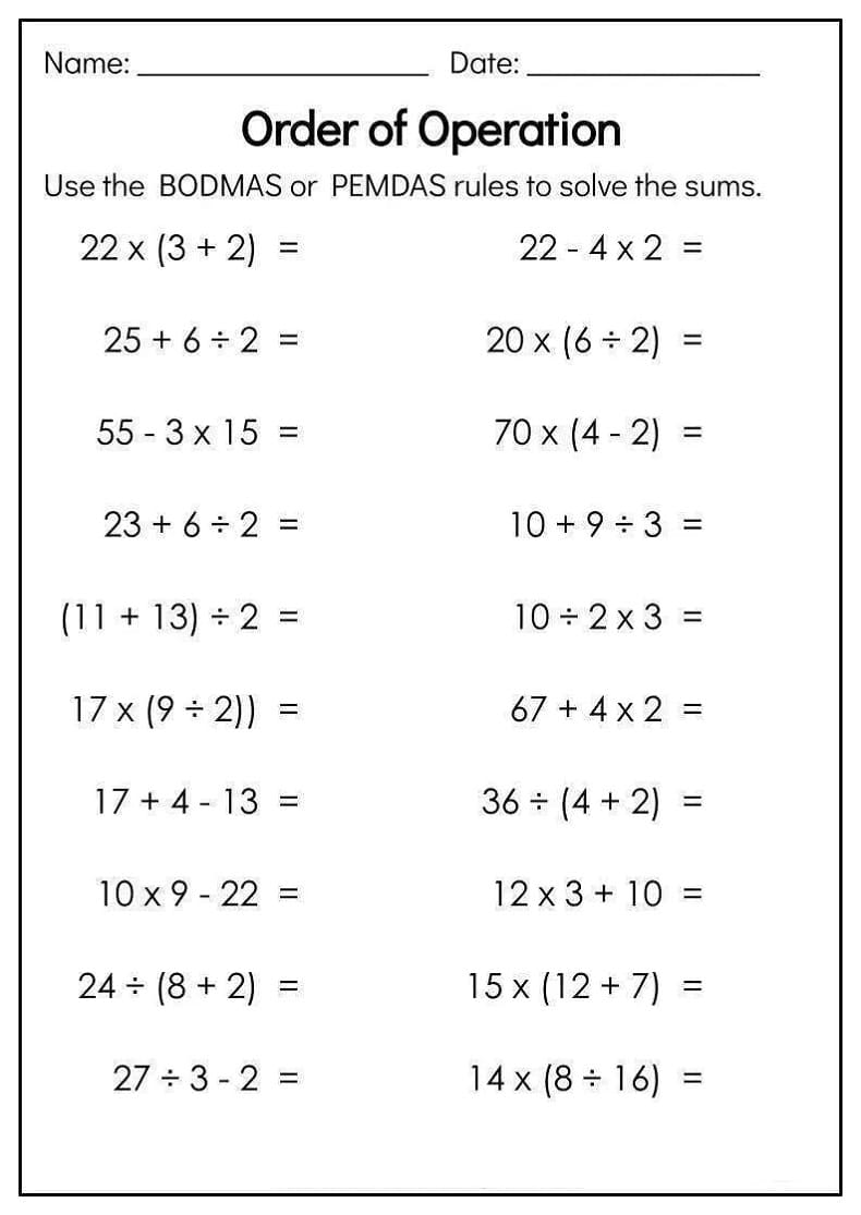 Free Order of Operations Worksheet