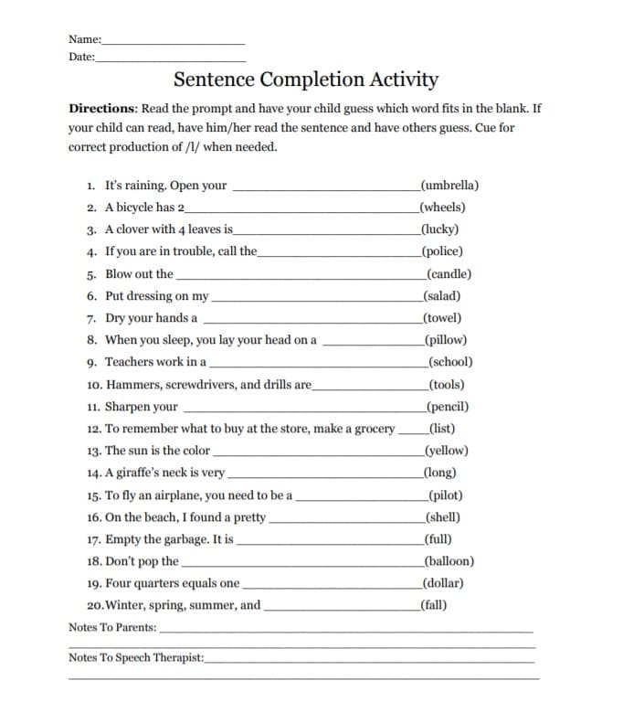 Free Sentence Completion Worksheet Images