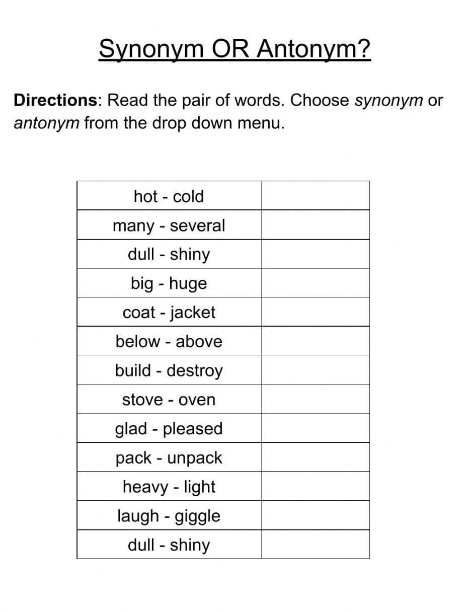 Free Synonyms and Antonyms Worksheet Image