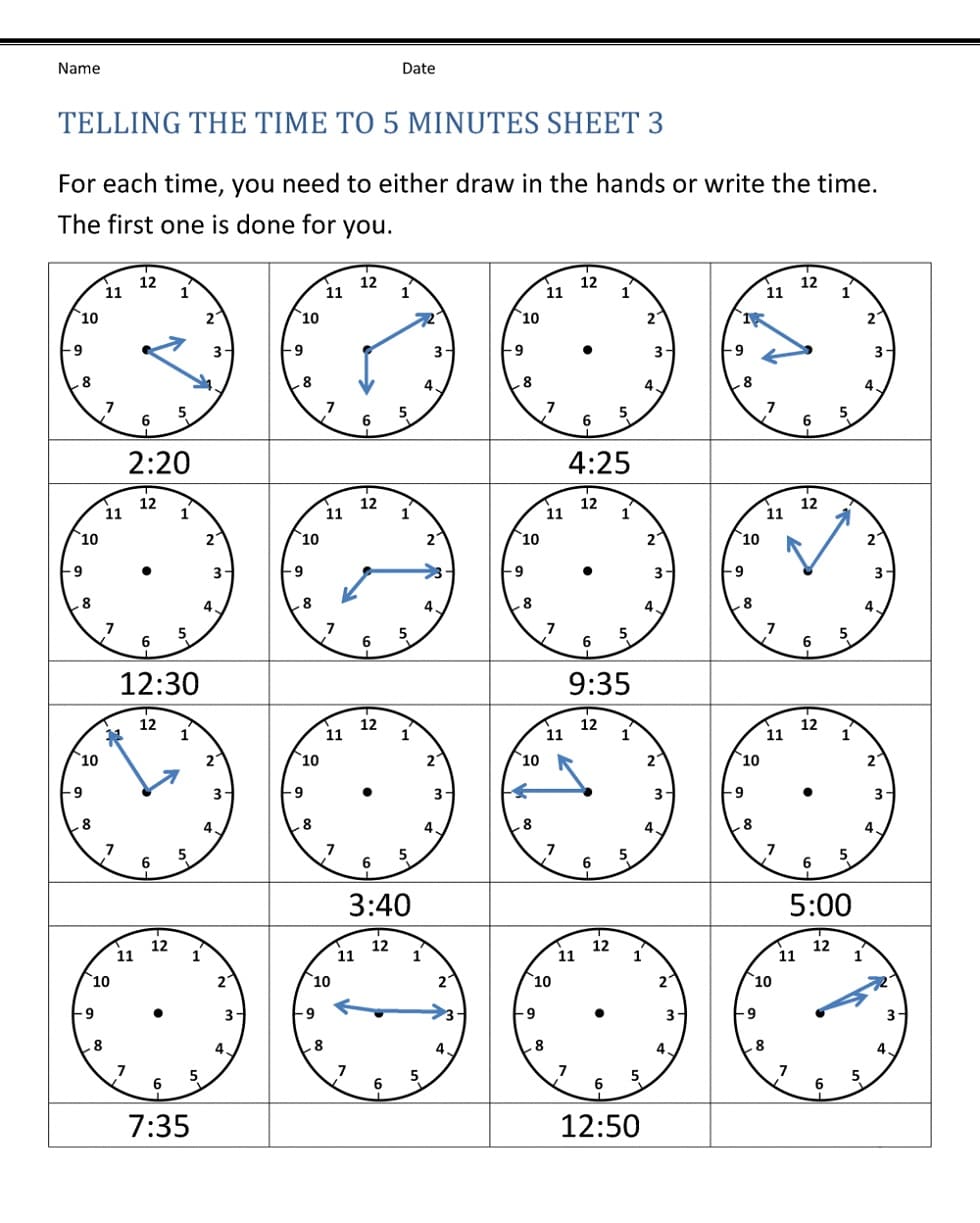 Free Telling Time Worksheet