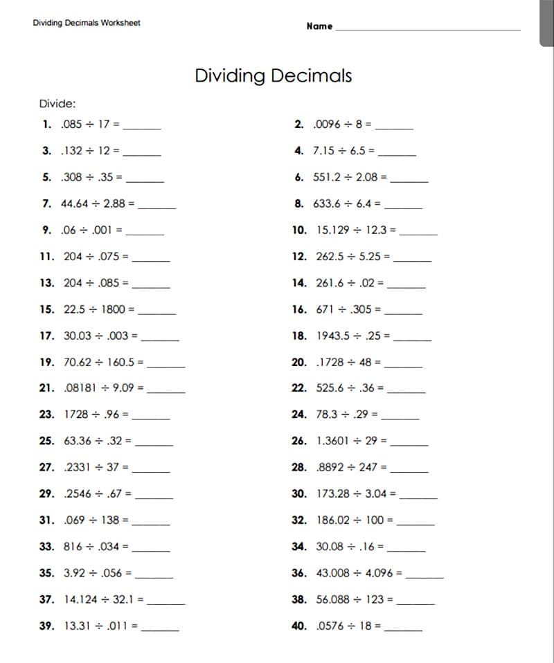 Fun Dividing Decimals Worksheet