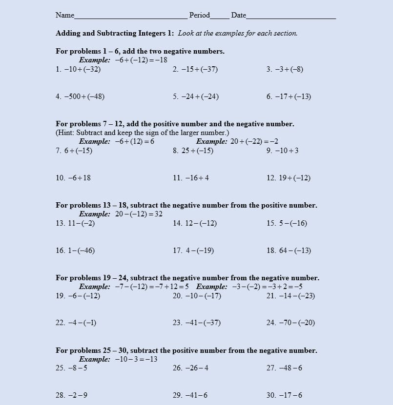 Image of Adding and Subtracting Integers Worksheet