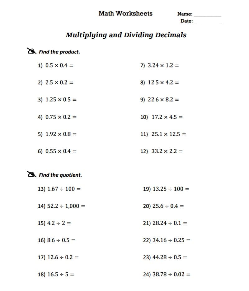 Dividing Decimals Worksheets