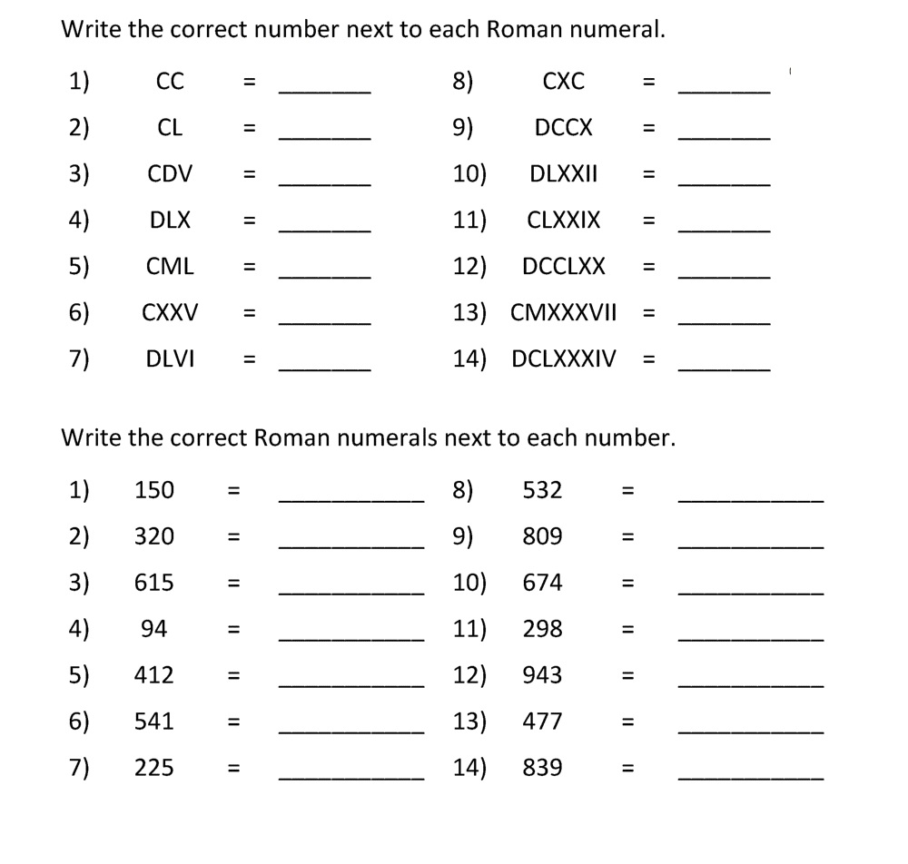 Image of Roman Numerals Worksheet