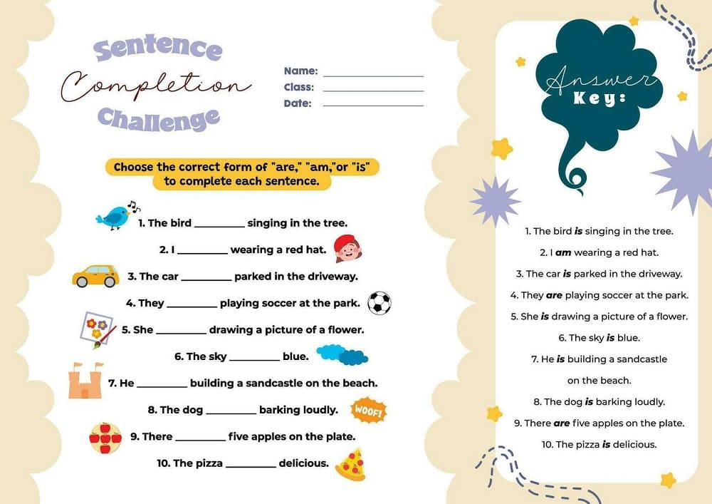 Kids Sentence Completion Worksheet