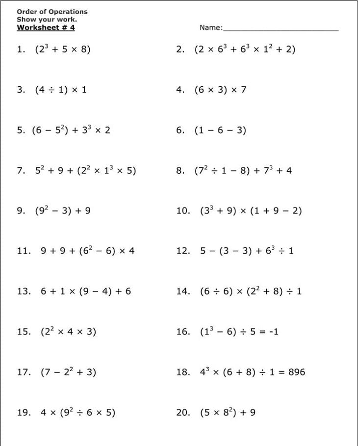 Math Order of Operations Worksheet