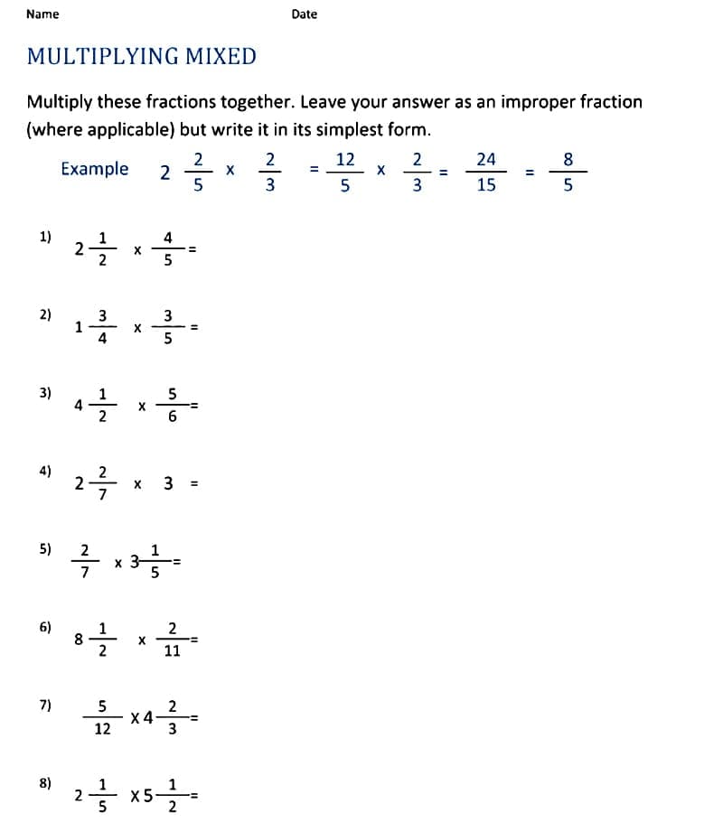 Mixed Number Multiplication Worksheet Download Free