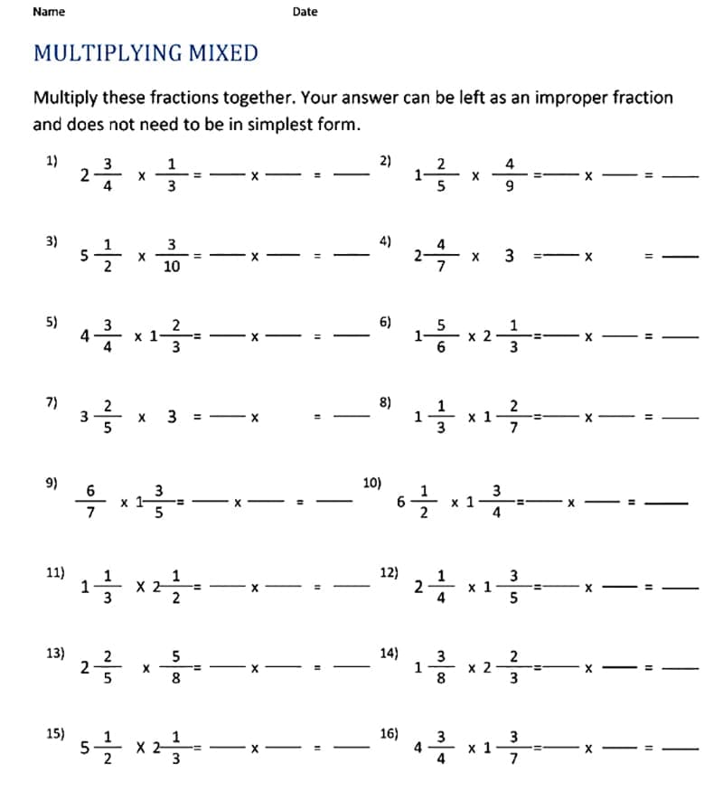 Mixed Number Multiplication Worksheet Free Download