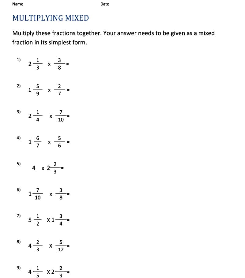 Mixed Number Multiplication Worksheet Image