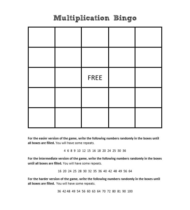 Multiplication Bingo For Kids