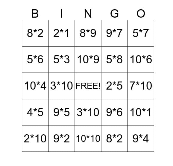 Multiplication Bingo Free Pictures