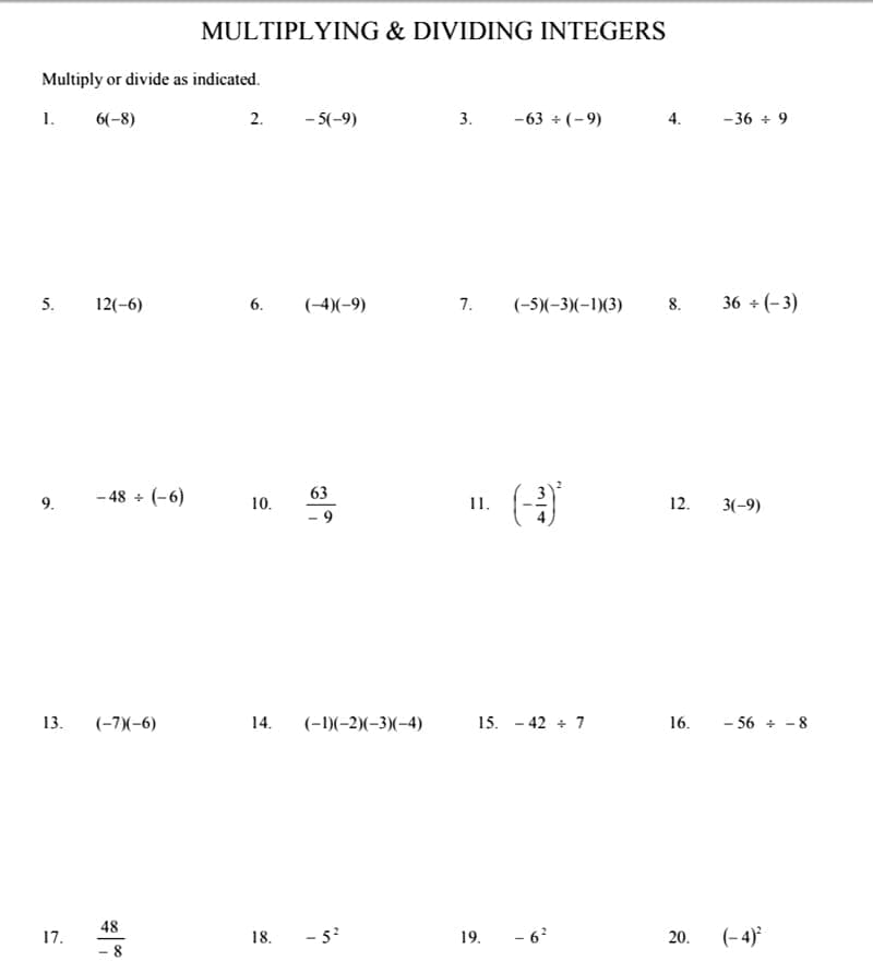 Multiplying and Dividing Integers Worksheet For Adult