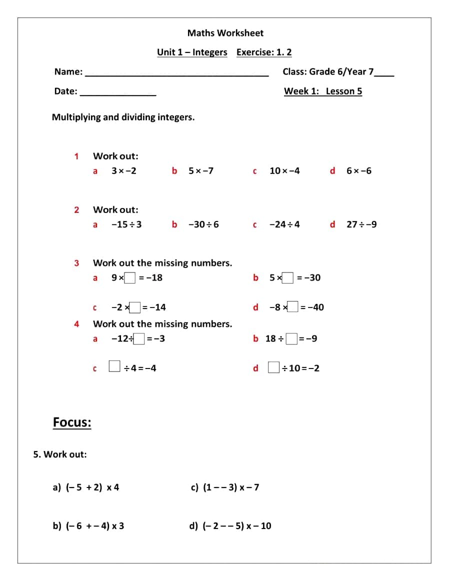 Multiplying and Dividing Integers Worksheet For Free